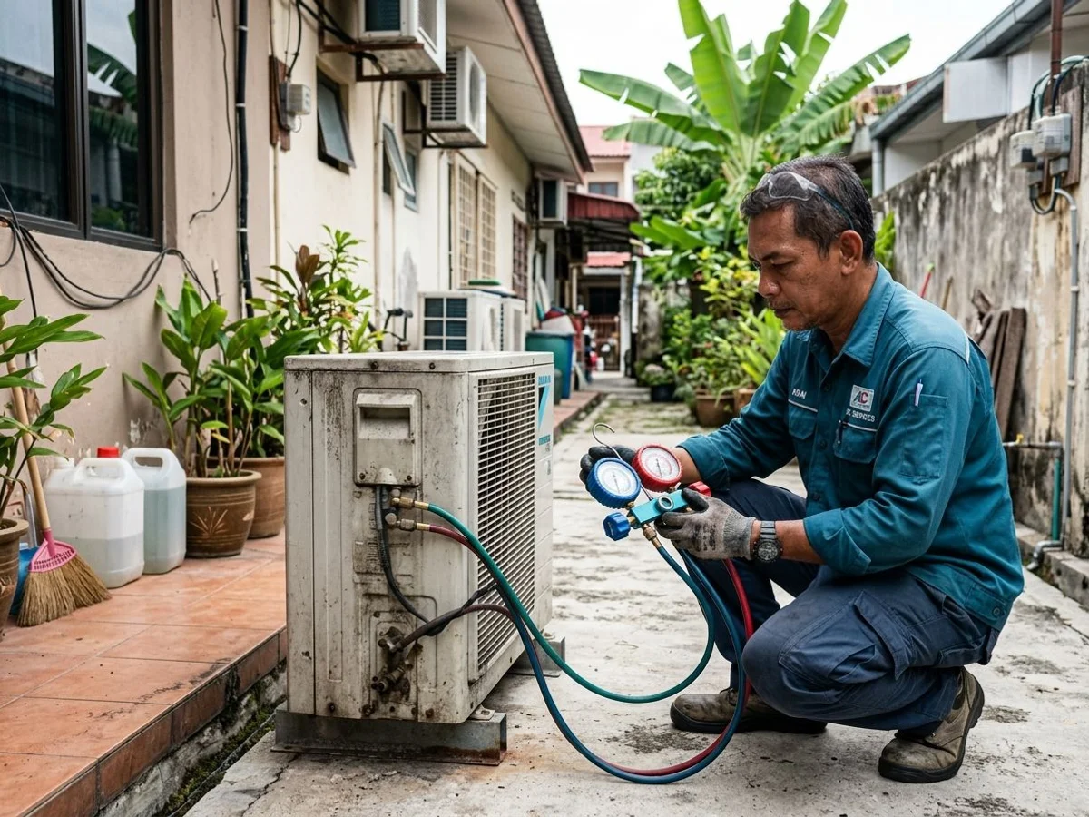 Technician checking refrigerant pressure on the outdoor condenser