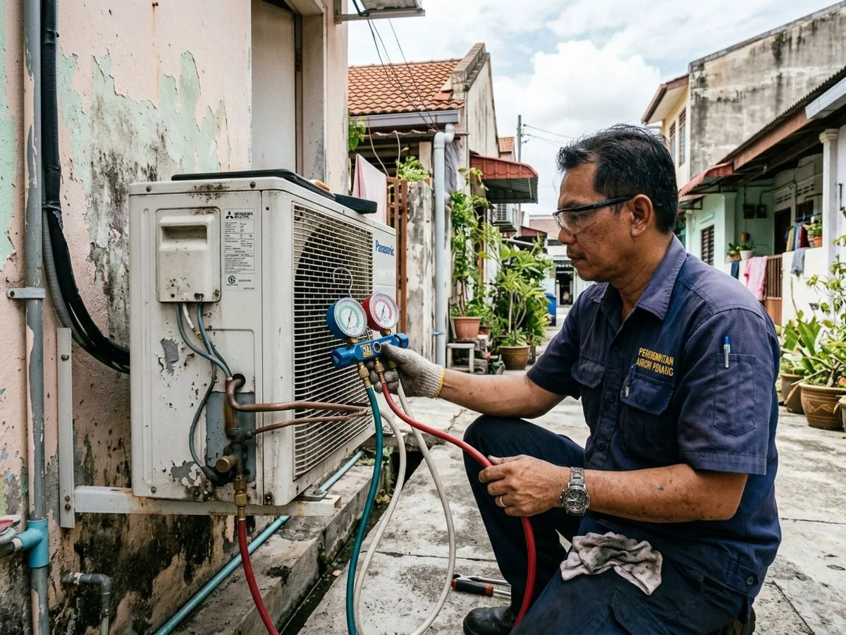 Technician checking refrigerant pressure
