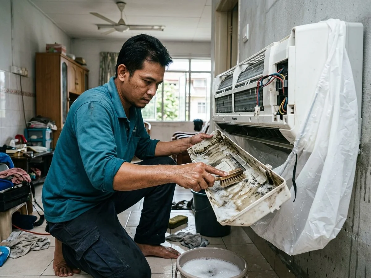 Aircon water tray being cleaned during the chemical wash