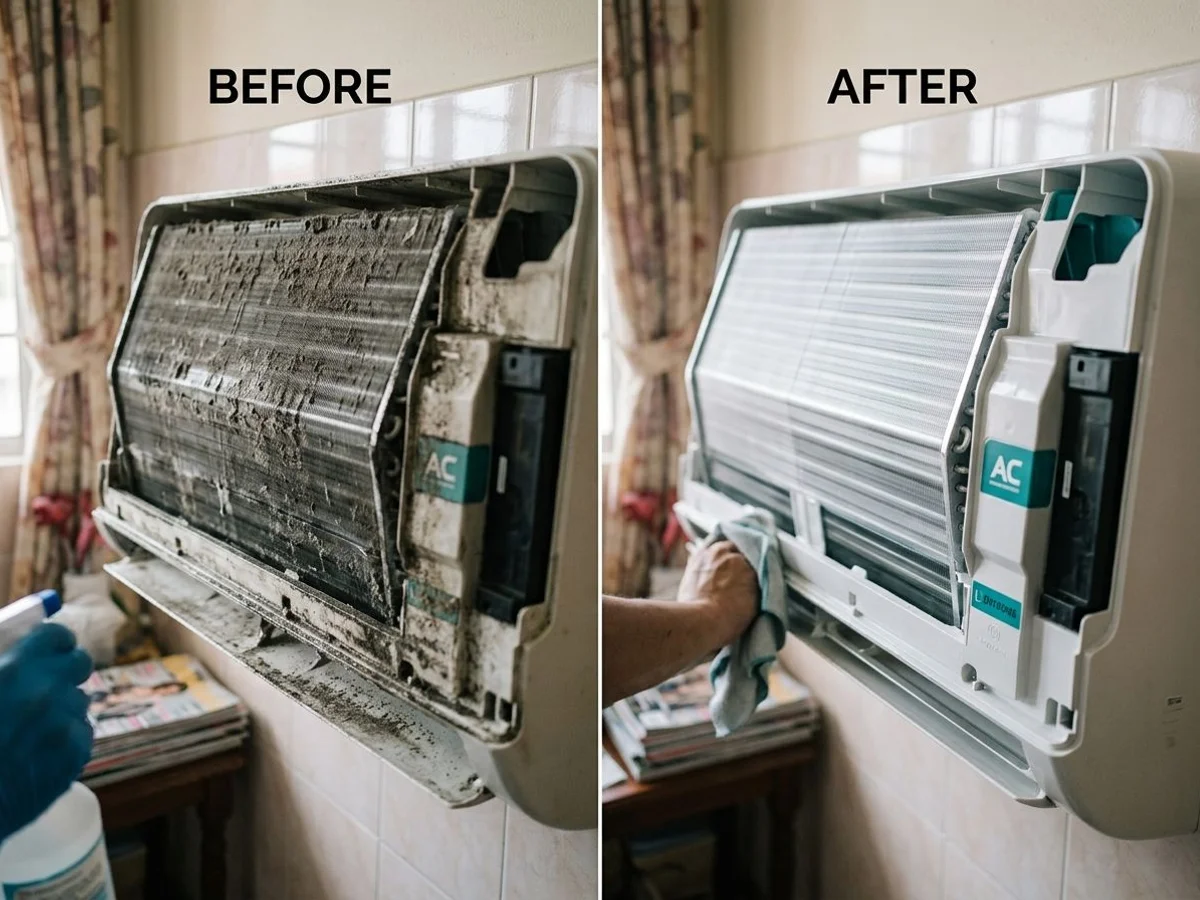 Before and after of aircon evaporator coil chemical wash