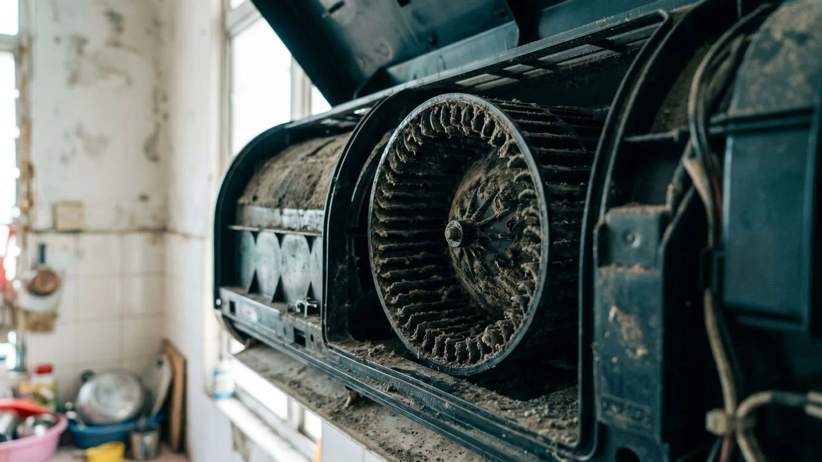 Mouldy aircon blower wheel before cleaning, close-up