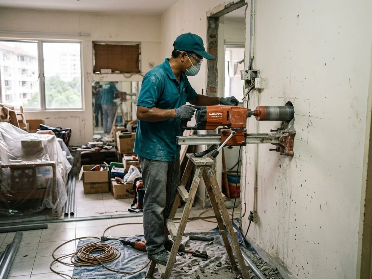 Core drilling for concealed piping during renovation