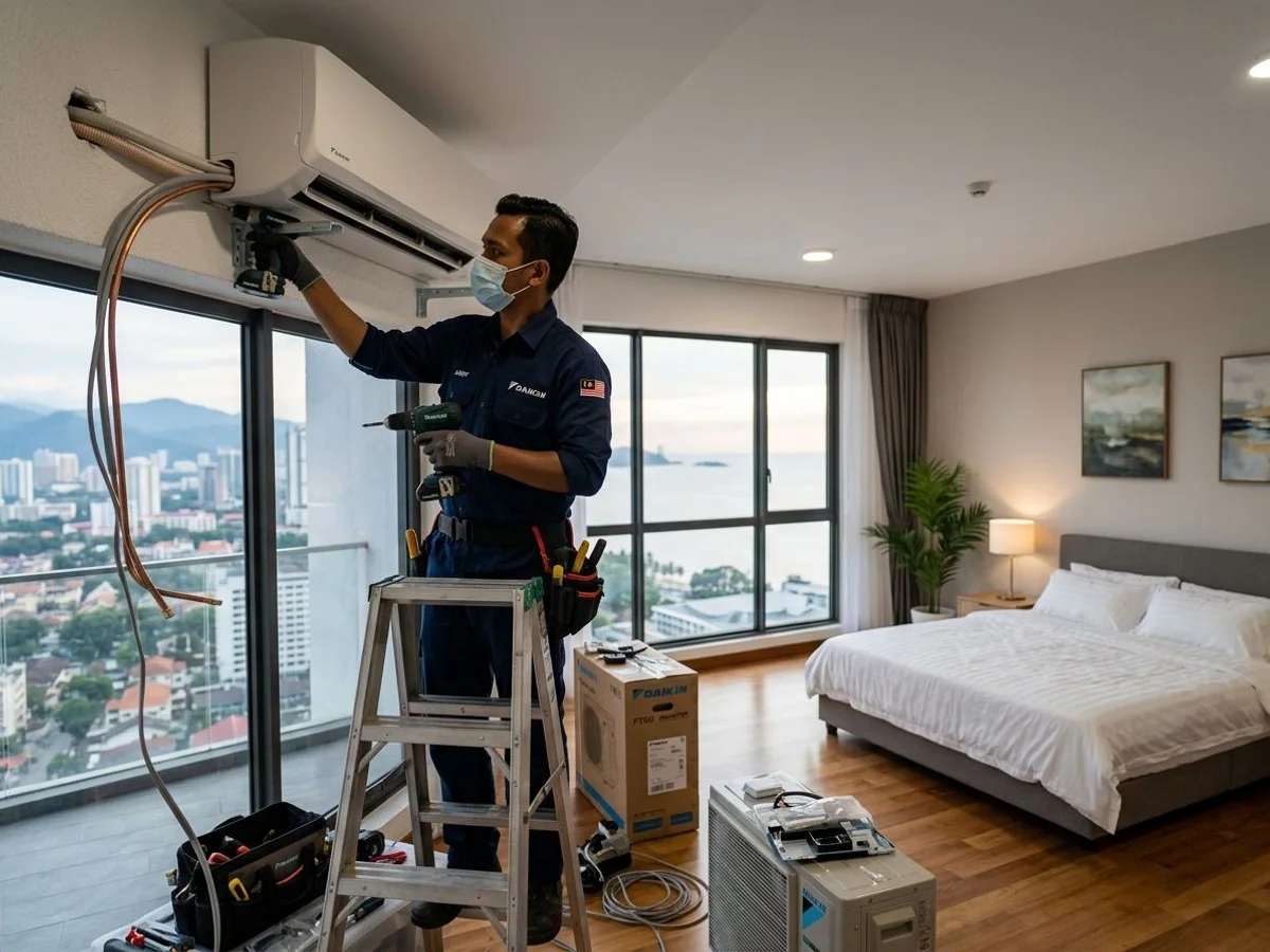 Daikin aircon being installed in a Penang condo
