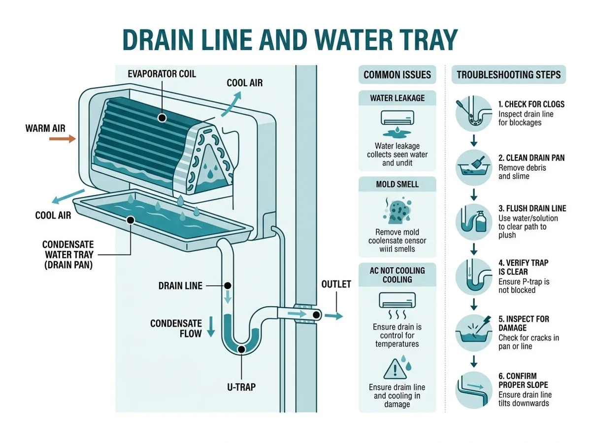 Diagram of aircon drain line and water tray