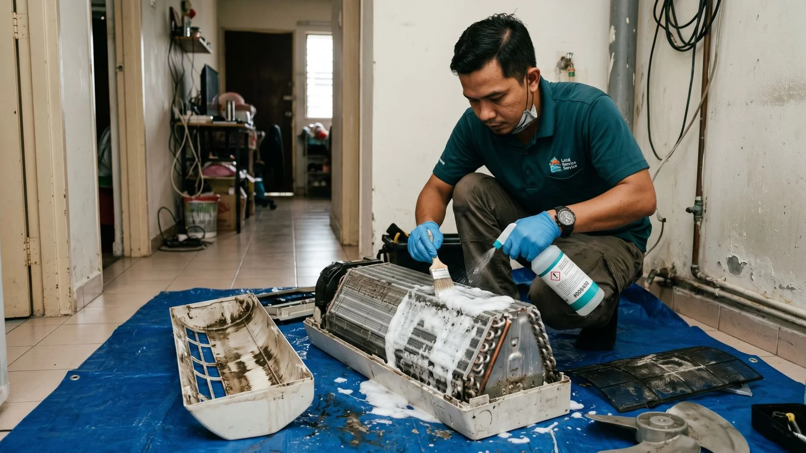 Dismantled split aircon being chemically cleaned on a service tarp