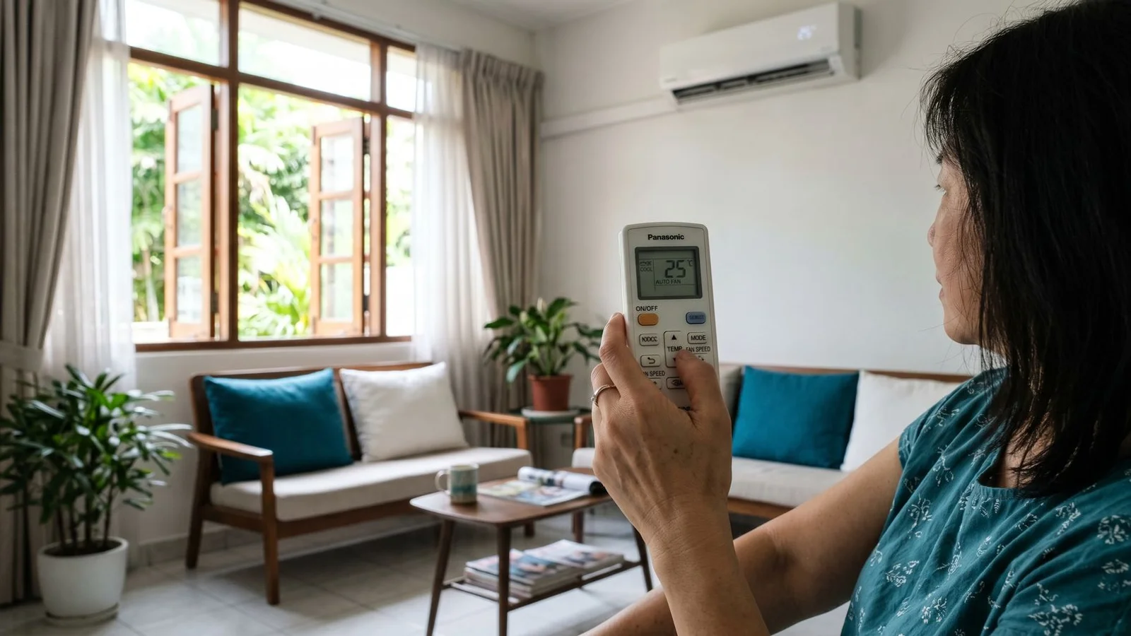 Setting an aircon remote to 25°C in a bright Penang home