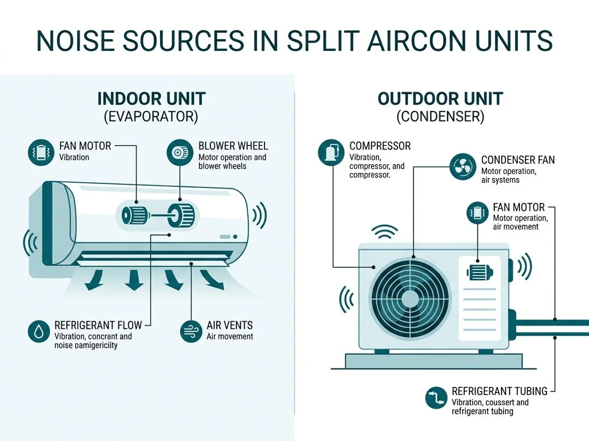 Illustration of noise sources in a split aircon