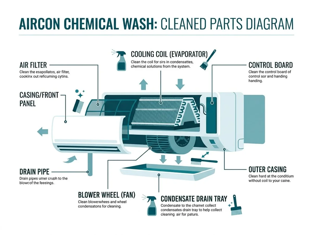 Labelled diagram of aircon parts cleaned during chemical wash