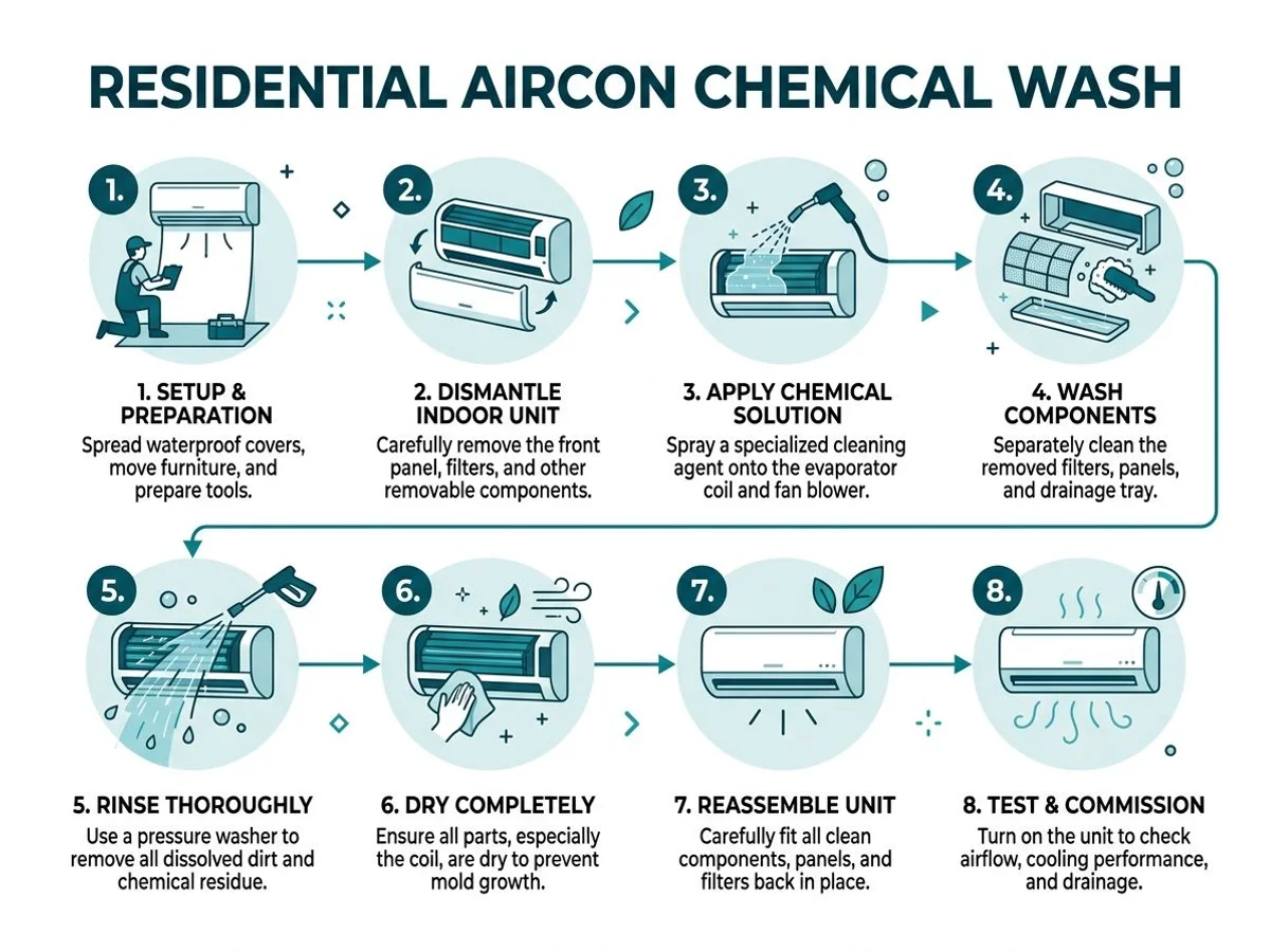 Numbered step sequence of the chemical wash process