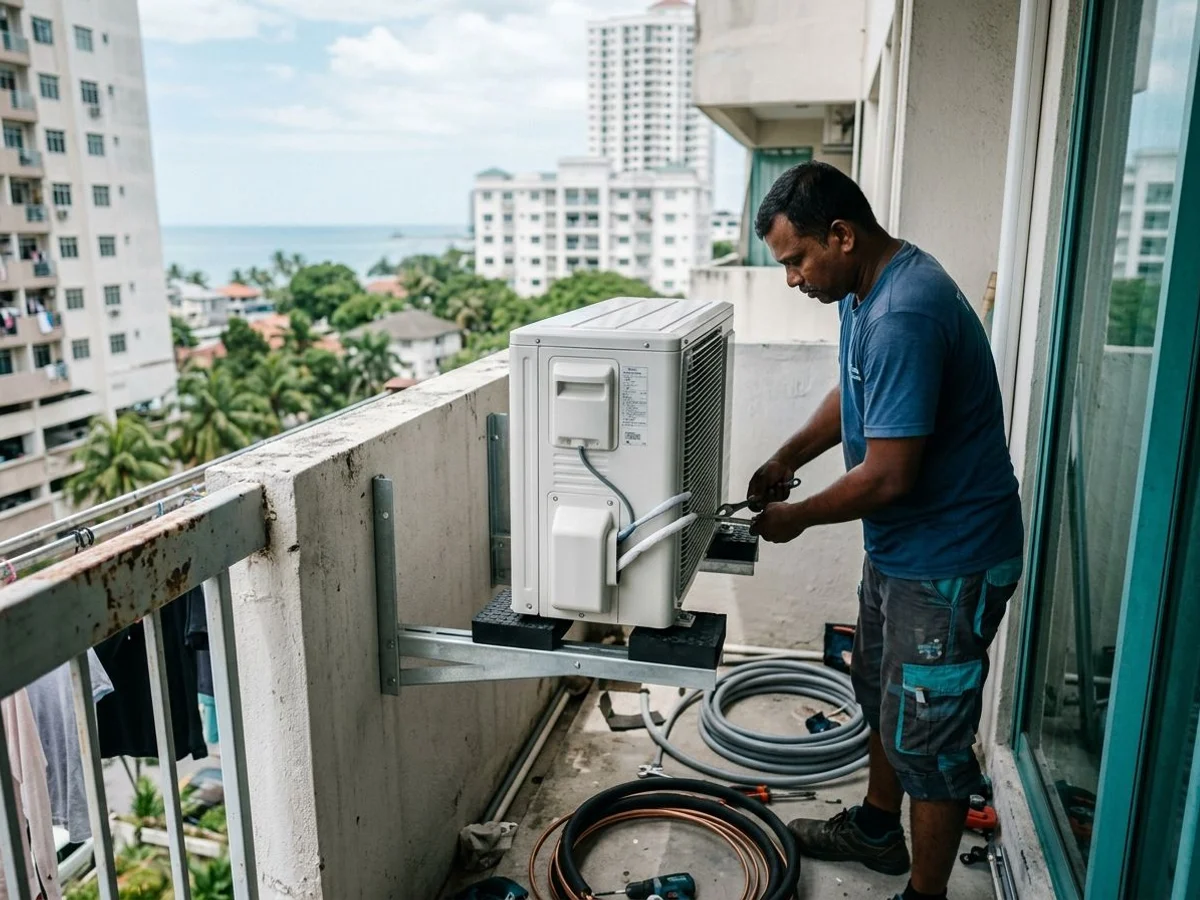 Outdoor condenser being mounted on a balcony bracket