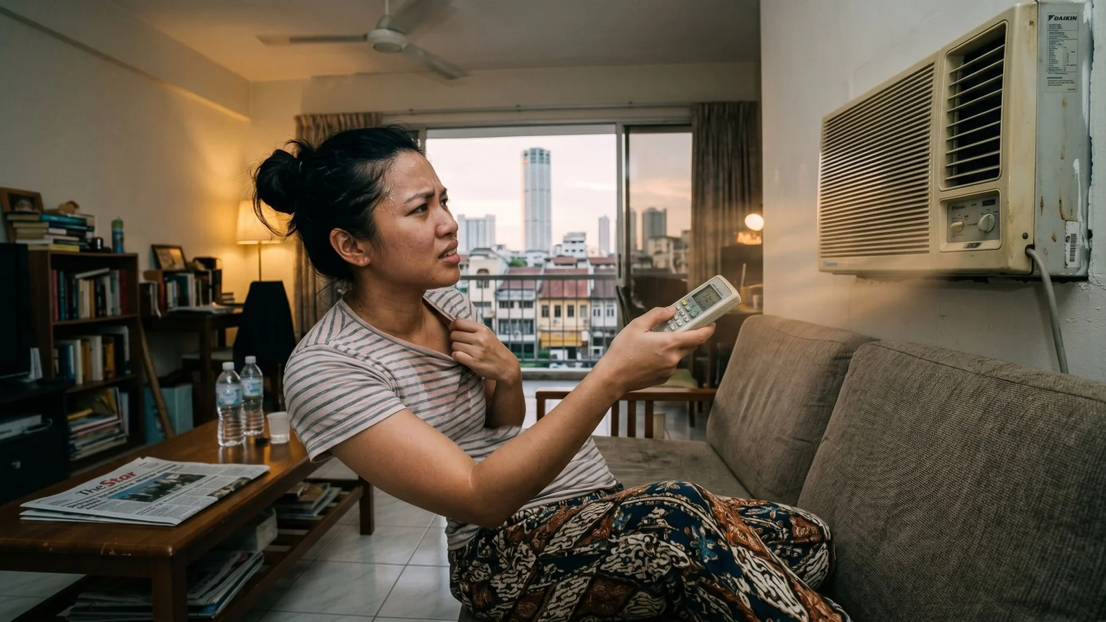 Person holding a remote at a non-cooling split aircon in a Penang living room