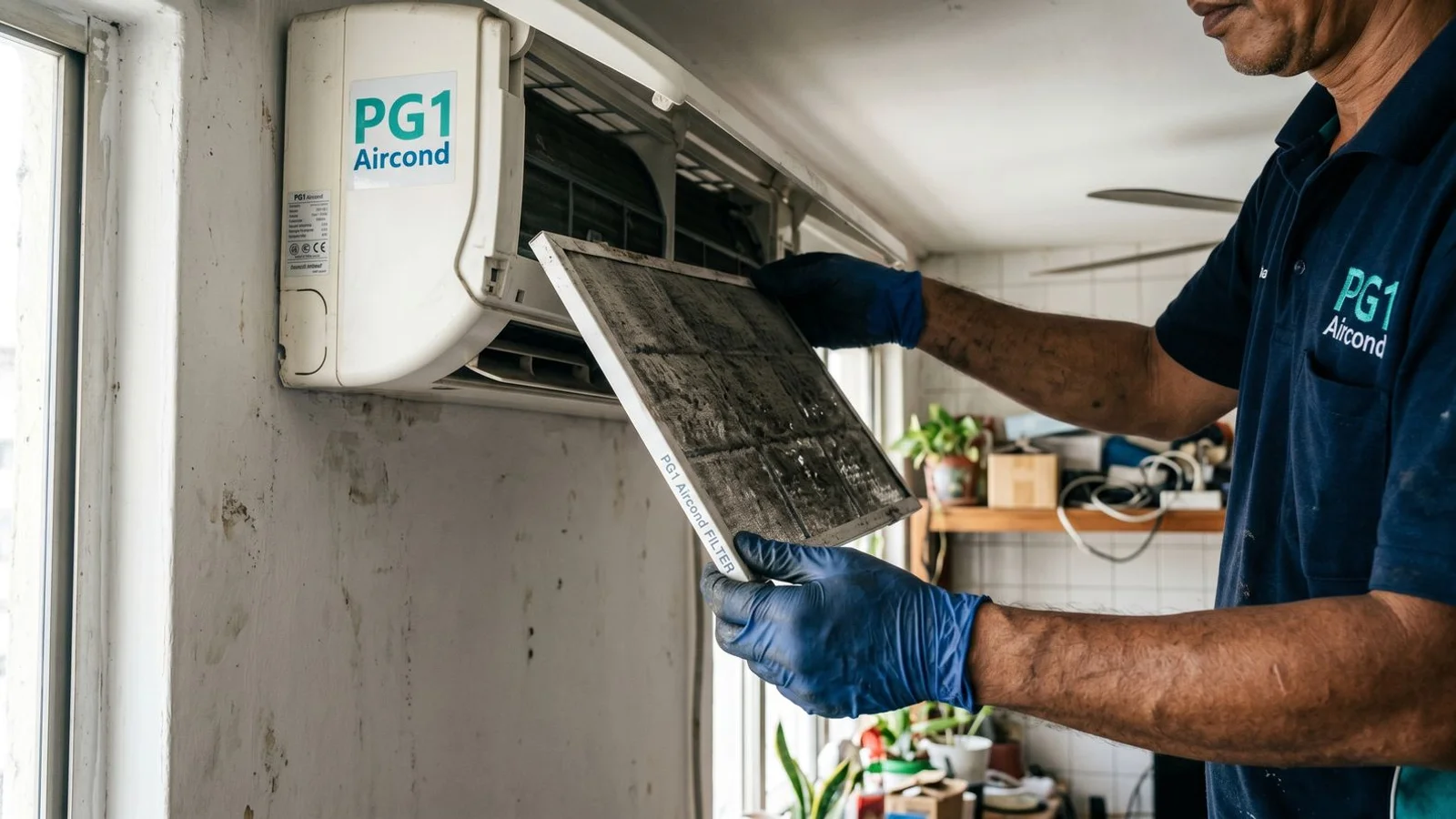 Gloved hands removing a dirty aircon filter for inspection