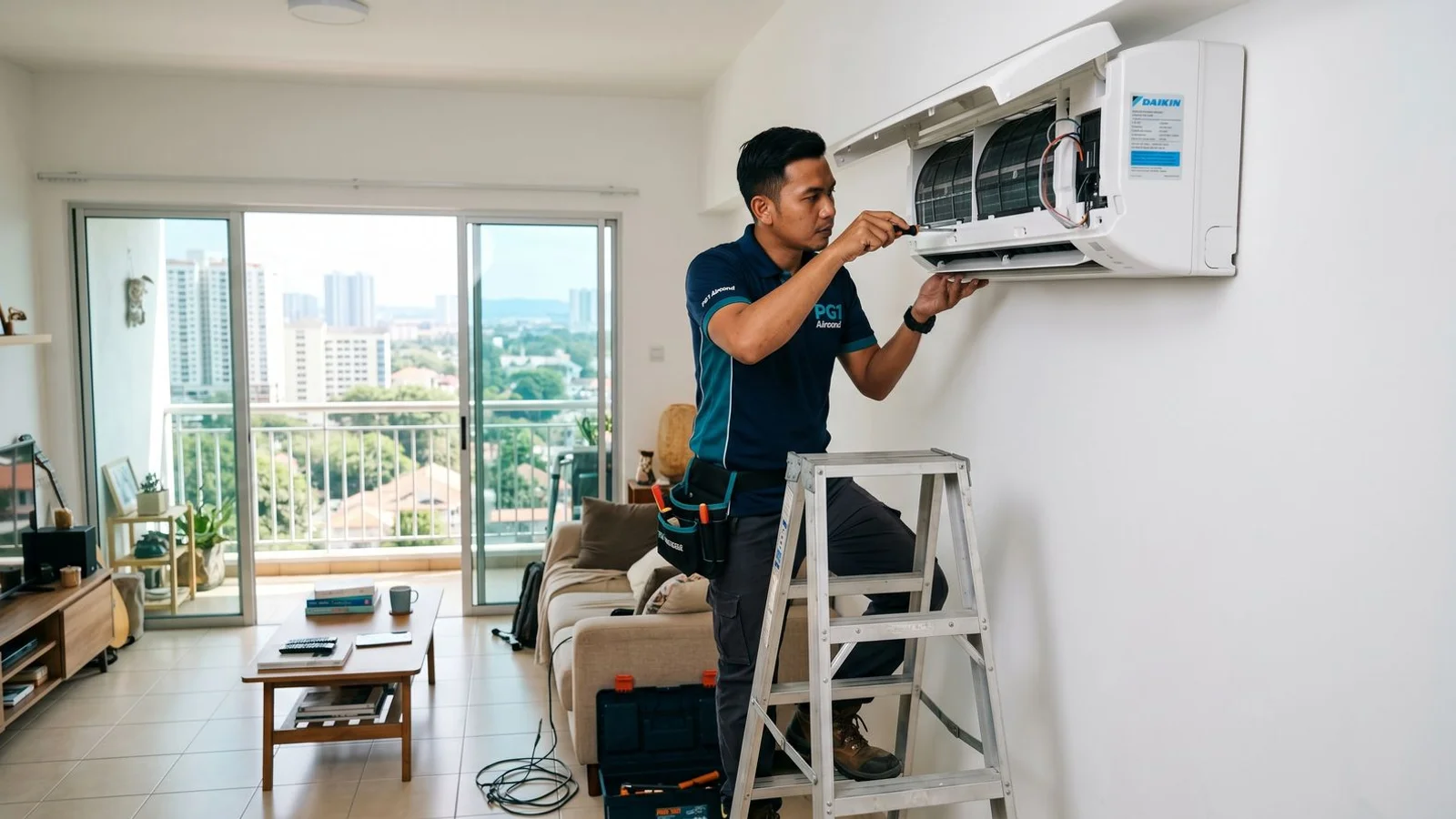 Aircon technician inspecting a wall split unit in a bright Penang condo