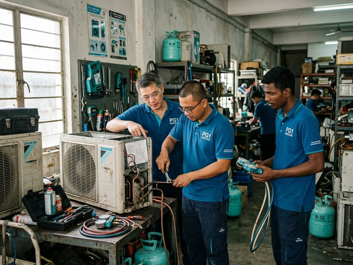 PG1 Aircond technicians in workshop