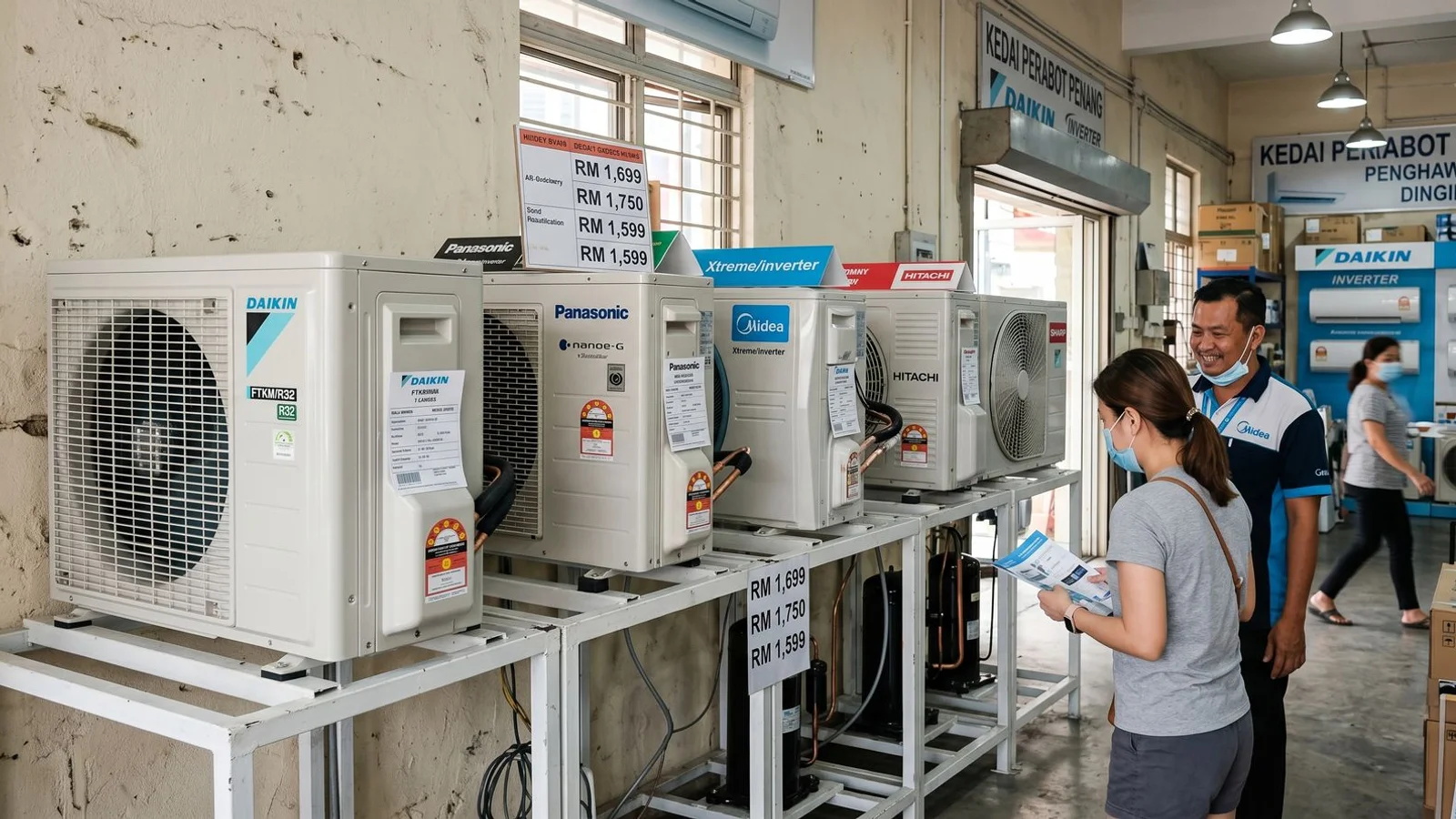 Row of new aircon units of different brands in a showroom
