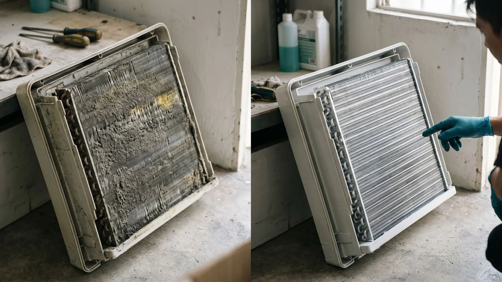 Soiled aircon coil before cleaning next to a freshly washed coil