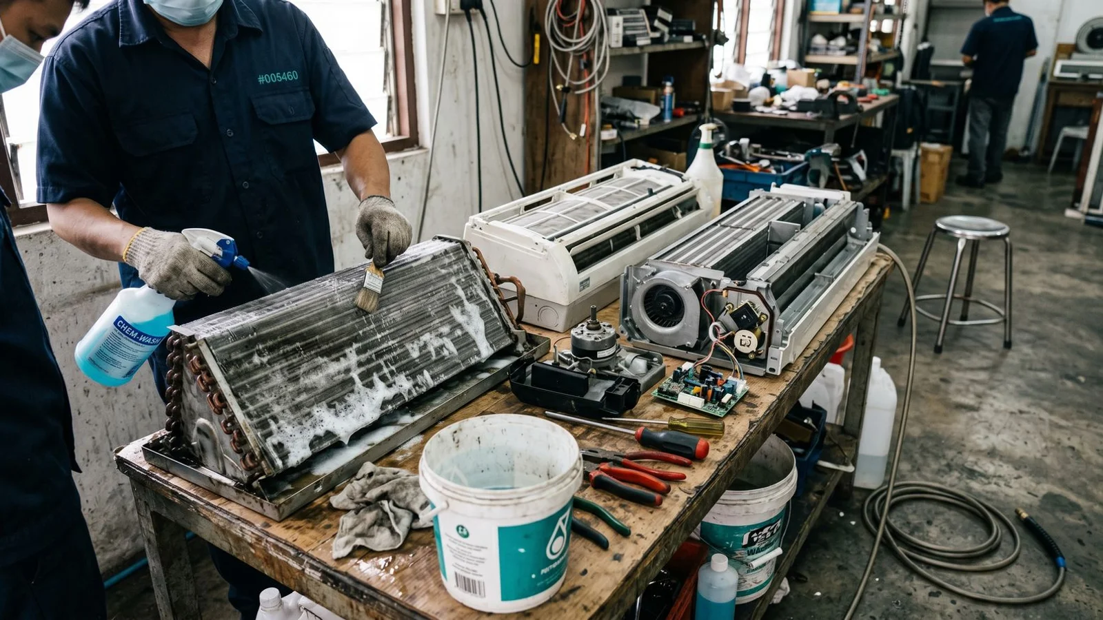A standard wash next to a fully dismantled overhaul on a workbench