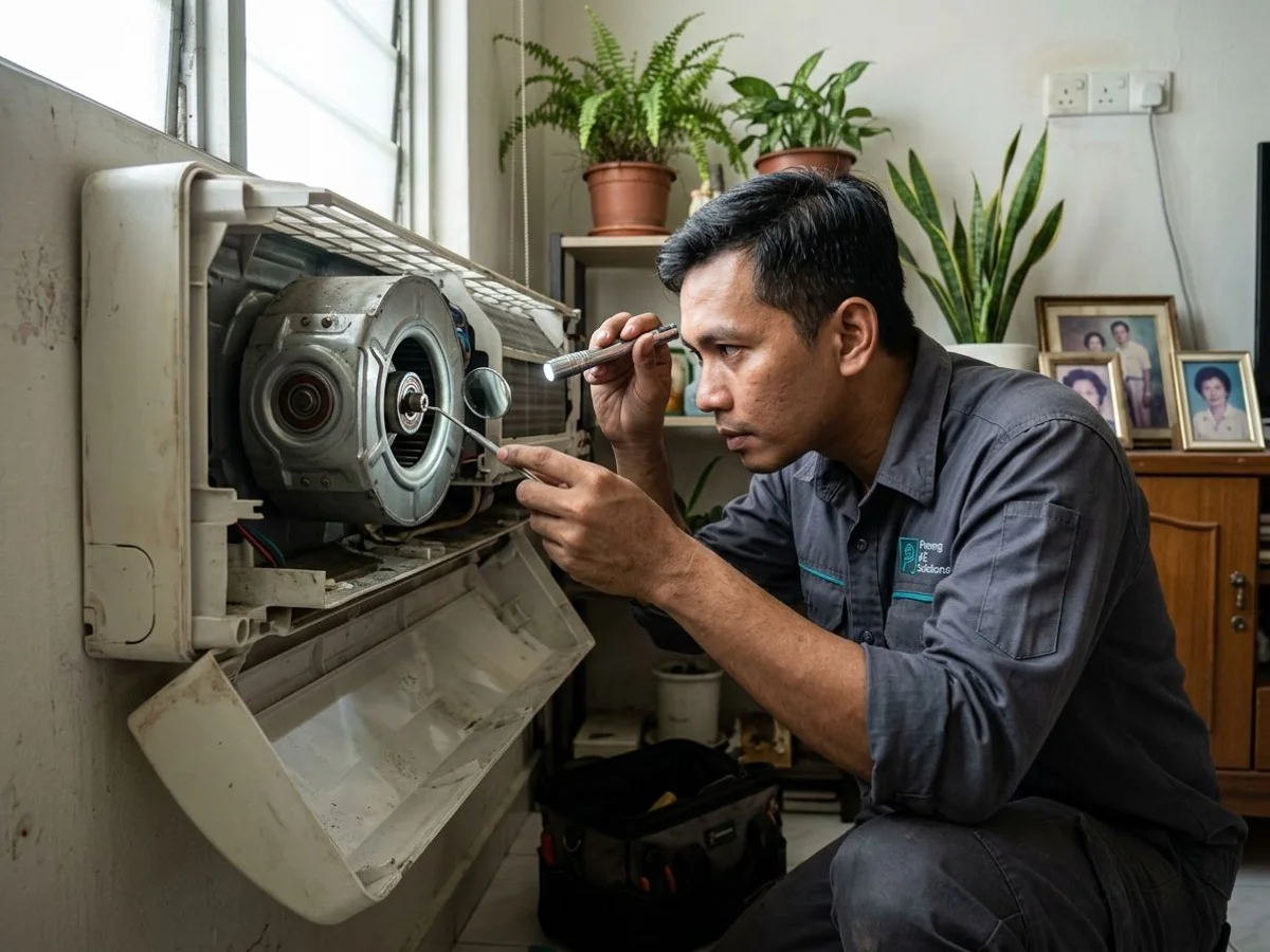 Technician inspecting an aircon fan motor