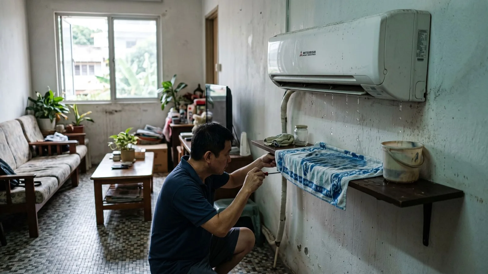 Water dripping from a wall aircon onto a towel